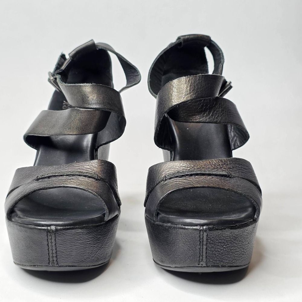 Kork-Ease Gracen Sandals Women's 6 Metallic Black Leather Buckle Platform Wedge - Picture 3 of 16